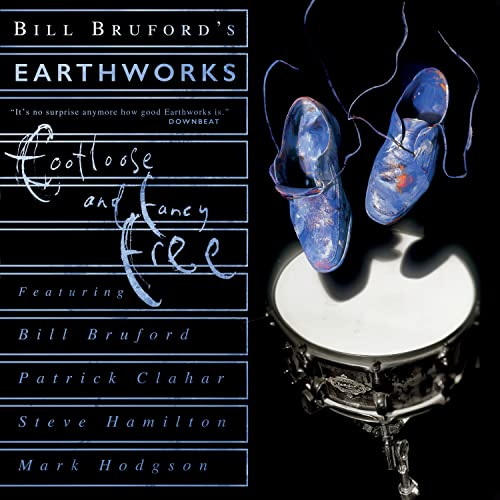 Album cover for Bill Bruford’s “Footloose and Fancy Free” featuring blue shoes and a drum.