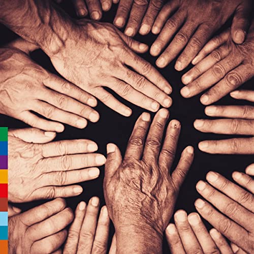 Circle of diverse hands, sepia toned, album cover for Jajouka music.