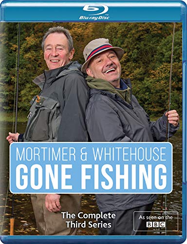 "Blu-ray case with two men fishing, smiling, back-to-back by a river."