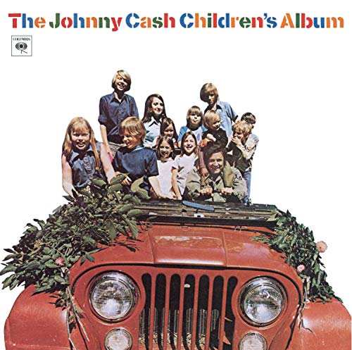 "Album cover featuring Johnny Cash's children on a red truck with greenery."