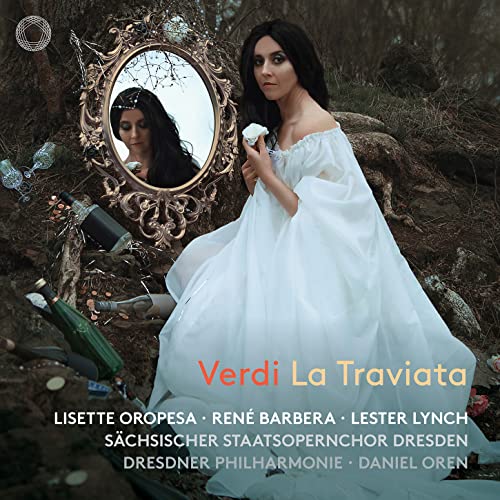 CD cover: woman in white dress, holding a flower, reflected in a mirror.
