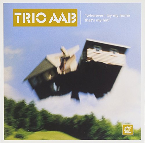 "Album cover with a house floating in the sky, blue background, and green trees."