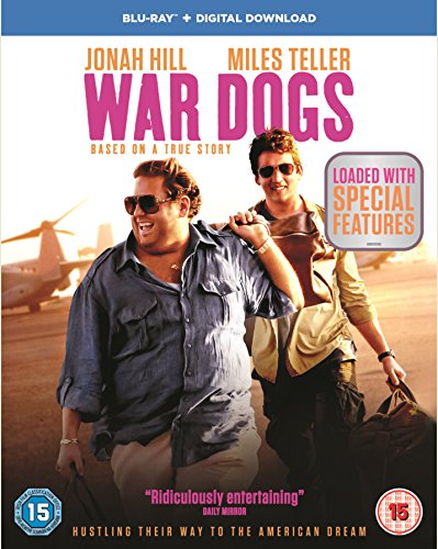 "Blu-ray cover of 'War Dogs' featuring Jonah Hill and Miles Teller in front of a plane."