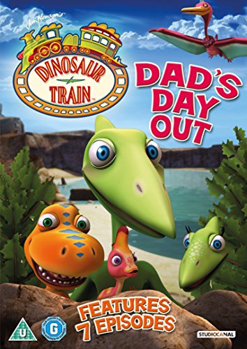 "Dinosaur Train: Dad's Day Out" DVD cover featuring cartoon dinosaurs in a scenic landscape.