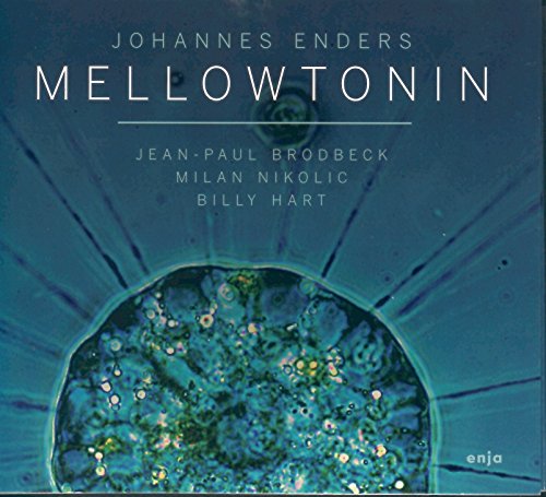 "Album cover with blue abstract design, white text 'Johannes Enders - Mellowtonin' and featured artists."