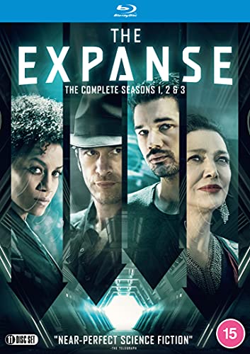 Blu-ray cover for "The Expanse" seasons 1, 2, and 3 featuring four characters.