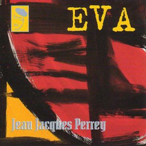 "Album cover with abstract red, black, and yellow painting and 'EVA' in yellow letters."