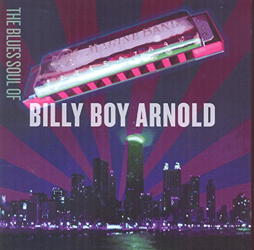 "CD cover with harmonica, cityscape, and red sunburst, featuring Billy Boy Arnold's name."