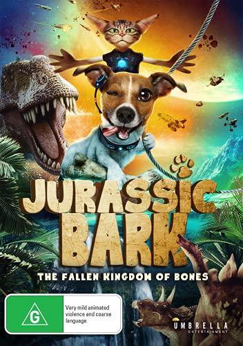 DVD cover: dogs, cat, and dinosaurs in a jungle landscape.