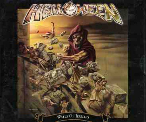 Helloween album cover featuring a grim reaper destroying a wall with people falling.