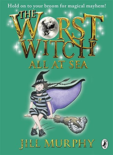 "Book cover featuring a girl on a broomstick with a cat, green background."