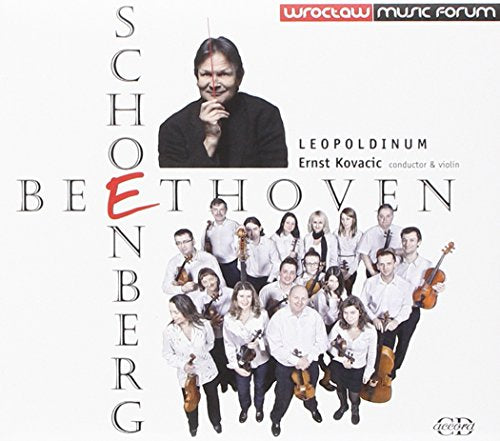 "CD cover featuring a conductor, musicians, and text 'Schoenberg Beethoven' on a white background."