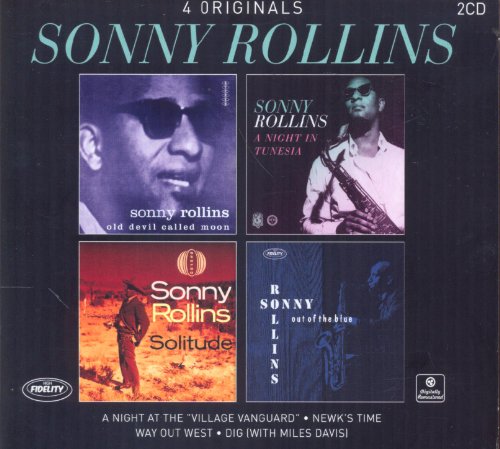 "CD cover with Sonny Rollins' image and four album covers on a black background."