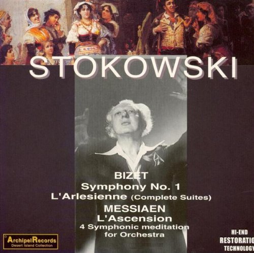 "CD cover with conductor Stokowski's image and opera scene, dark green background."