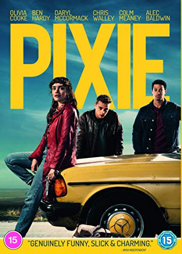 DVD cover for the film Pixie featuring three actors posing with a yellow car.