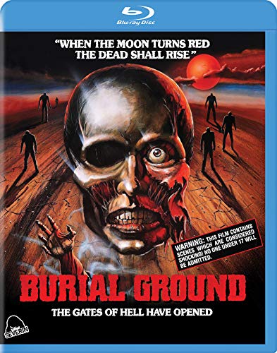 Burial Ground" Blu-ray cover with zombie face, red moon, and silhouetted figures.