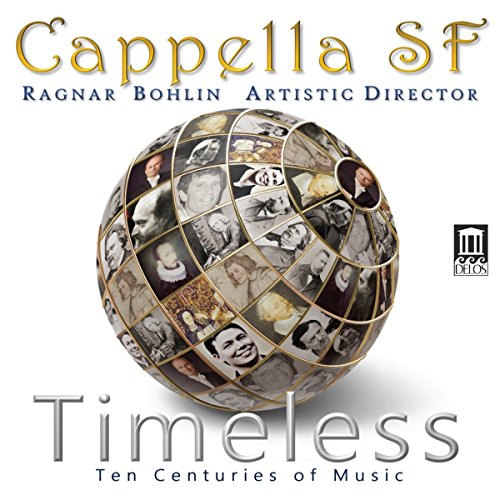 Album cover with a gold grid globe containing historical portraits, white background.