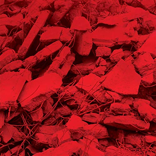 Red monochrome image of broken stone and sparse vegetation.