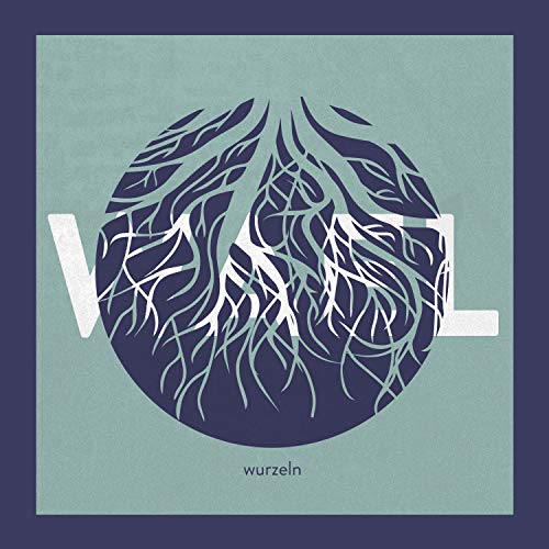 The image is a CD cover featuring a stylized illustration of roots. Key visual characteristics include a dark blue circle with light green and white roots, set against a light green background with a dark blue border. The word "wurzeln" is written in small dark blue text below the circle. Alt text: "CD cover with stylized roots illustration on green and blue background."
