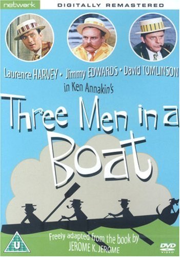 DVD cover for "Three Men In A Boat" featuring three actors in hats.