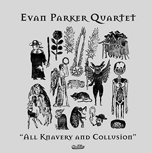 Album cover with black ink drawings of figures, animals, and symbols on grey background.