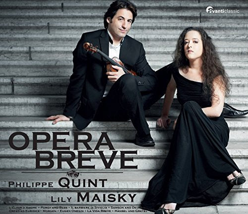 Man with violin and woman in black dress sitting on concrete steps, album cover.
