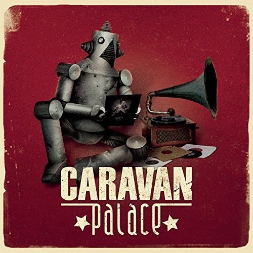 Album cover with a robot listening to music on a gramophone, red background.