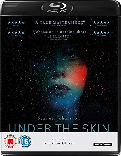 Blu-ray cover for Under the Skin featuring Scarlett Johansson's face against a starry background.