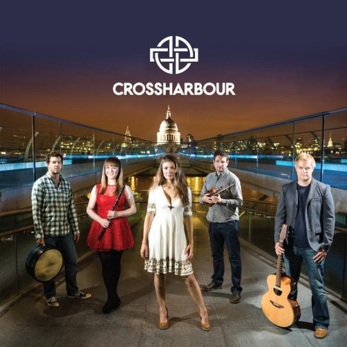 "Album cover featuring five musicians standing on a bridge with a city skyline."