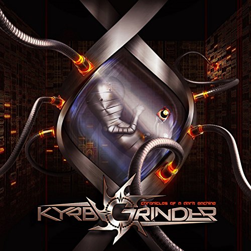 "Album cover featuring a metallic, robotic head with glowing orange eyes and tubes."