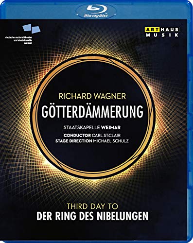 Blu-ray cover for Wagner’s “Götterdämmerung” opera, gold text on dark background.