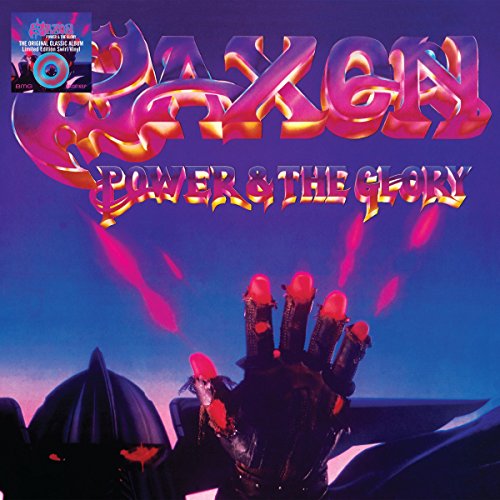 "Saxon album cover with red-glowing hand and knight's helmet against a blue background."