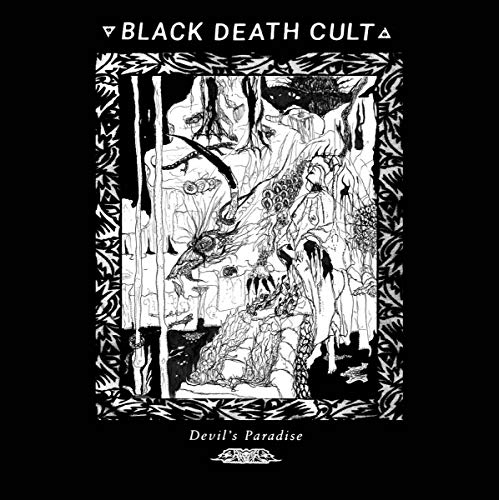Black and white illustration of demonic figures within a decorative frame.