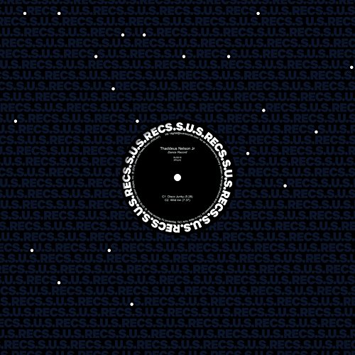 Black vinyl record with white text on a dark blue background with scattered white dots.