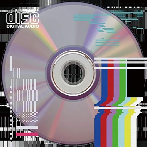 CD with iridescent surface and abstract digital glitch design.