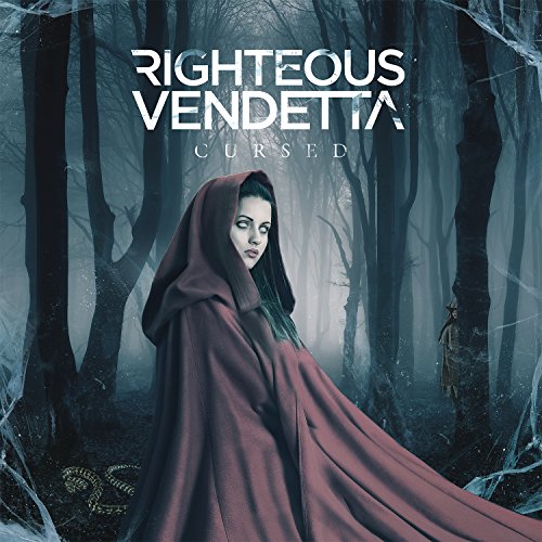 "Album cover featuring a hooded woman in a dark forest with a ghostly figure."