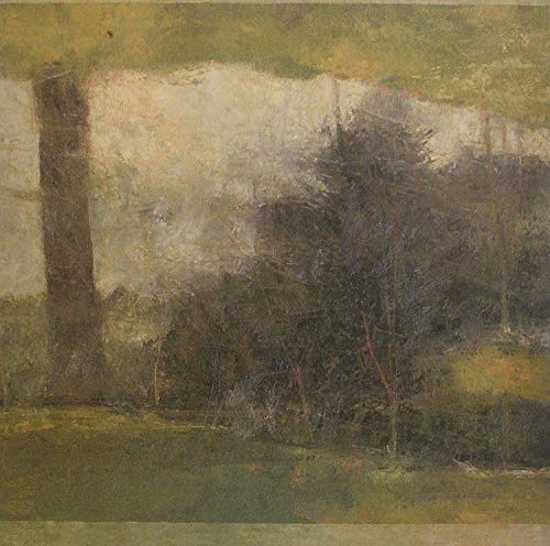 Impressionistic painting of trees and foliage in muted green and brown tones.