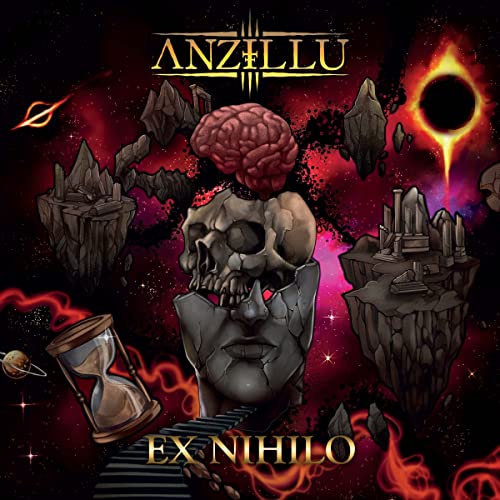Album cover: skull, brain, floating islands, hourglass in a cosmic, dark scene.