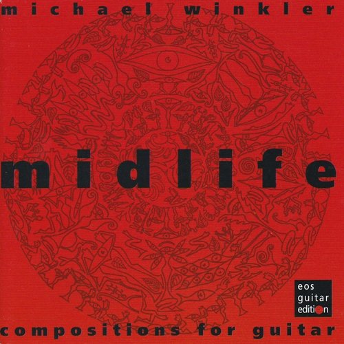 Red album cover with "midlife" in bold black letters and intricate circular design.