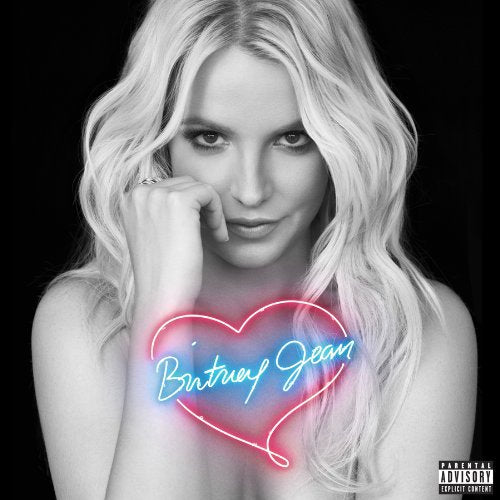 Britney Spears' album cover: black-and-white portrait with neon heart and "Parental Advisory" label.