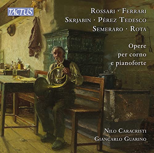 CD cover: painting of a man playing a French horn indoors.