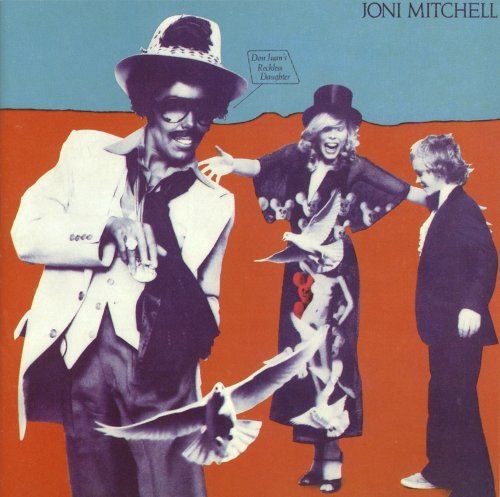 Joni Mitchell album cover with three figures and seagulls against a red and blue background.