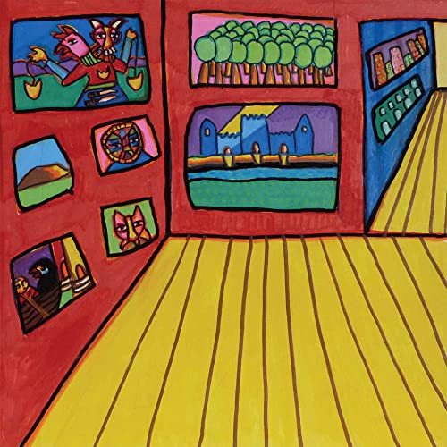 Colorful folk-art style painting of a room with framed pictures on red walls.