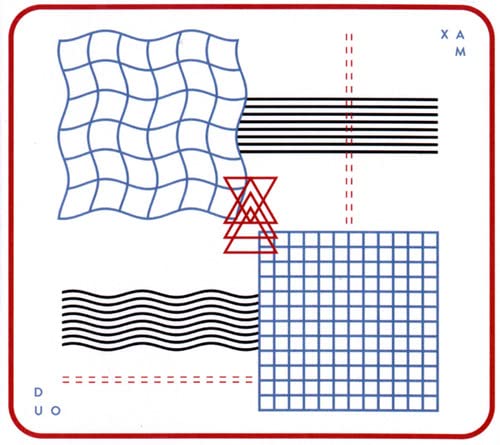 CD cover with abstract blue and red geometric line art design.
