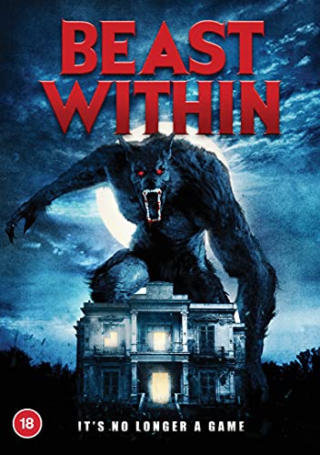 A werewolf with glowing red eyes crouches over a dark house under a moon.