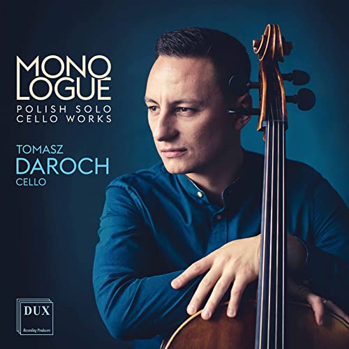 Cellist Tomasz Daroch portrait with his instrument, album cover art.