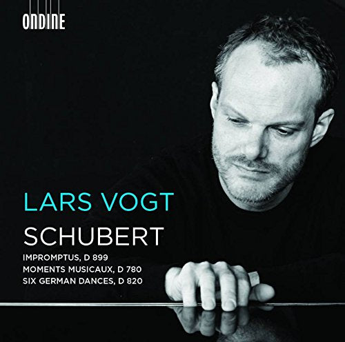 Black and white CD cover with Lars Vogt's portrait and Schubert's composition details.