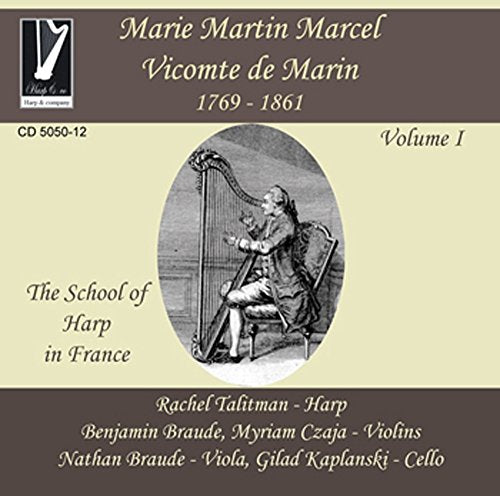 CD cover with a harpist illustration, beige and maroon background, and artist names listed.