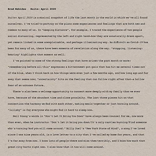 Typewritten text on beige background: "Brad Mehldau - Suite: April 2020" album liner notes.