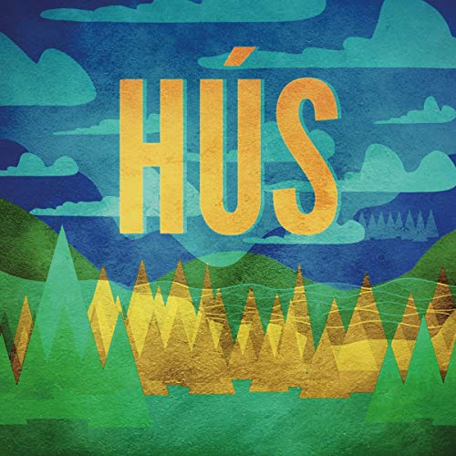 HÚS" album cover with golden text over a green and blue landscape.
